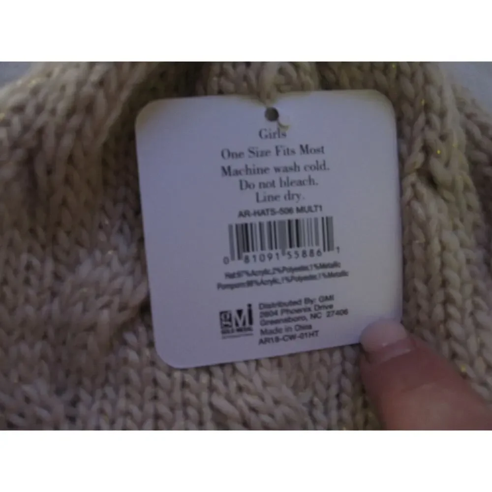 NEW Alexa Rose Winter Knit Hat Beanie Tuk Gold Tan Woven Girl's Pom Pom‎ Stretch